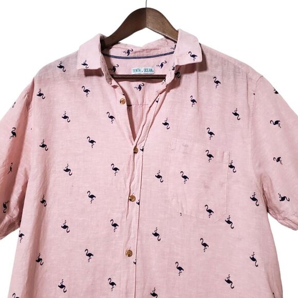 Tenth + Ocean Linen Pink Flamingo Beach Shirt Size L Casual Button Up Mens - Picture 2 of 8